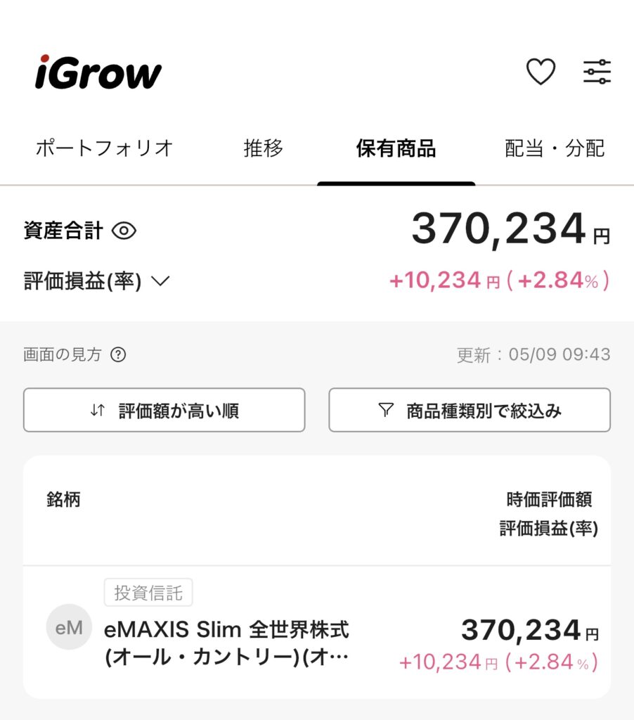 2026/5/9 新NISA運用実績 iGrow 手取り27万25歳 蒼井積 オルカン100%